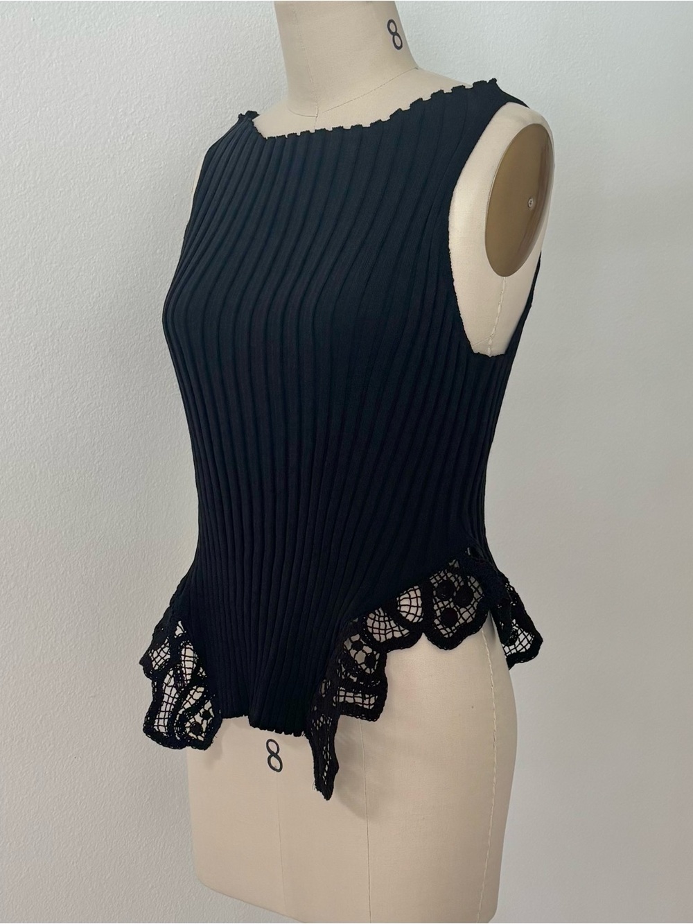 Zara Ribbed Knit Sweater Tank NWT Black Lace Peplum Boat Neck Romantic M